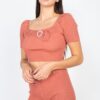 Scoop Neck Crop Top & Ribbed Shorts Set with Sash – Marsala
