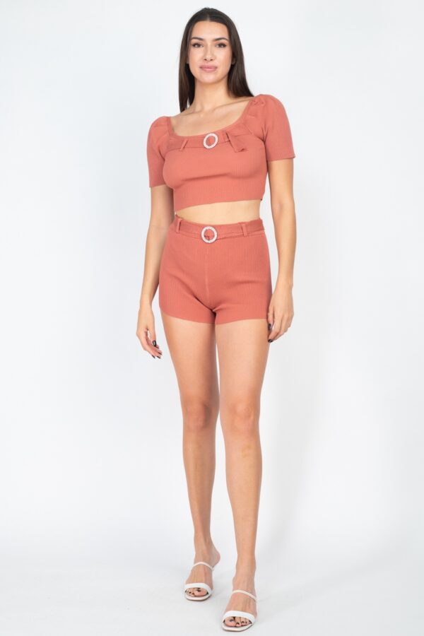 Scoop Neck Crop Top & Ribbed Shorts Set with Sash – Marsala