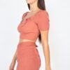 Scoop Neck Crop Top & Ribbed Shorts Set with Sash – Marsala