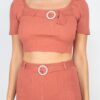 Scoop Neck Crop Top & Ribbed Shorts Set with Sash – Marsala