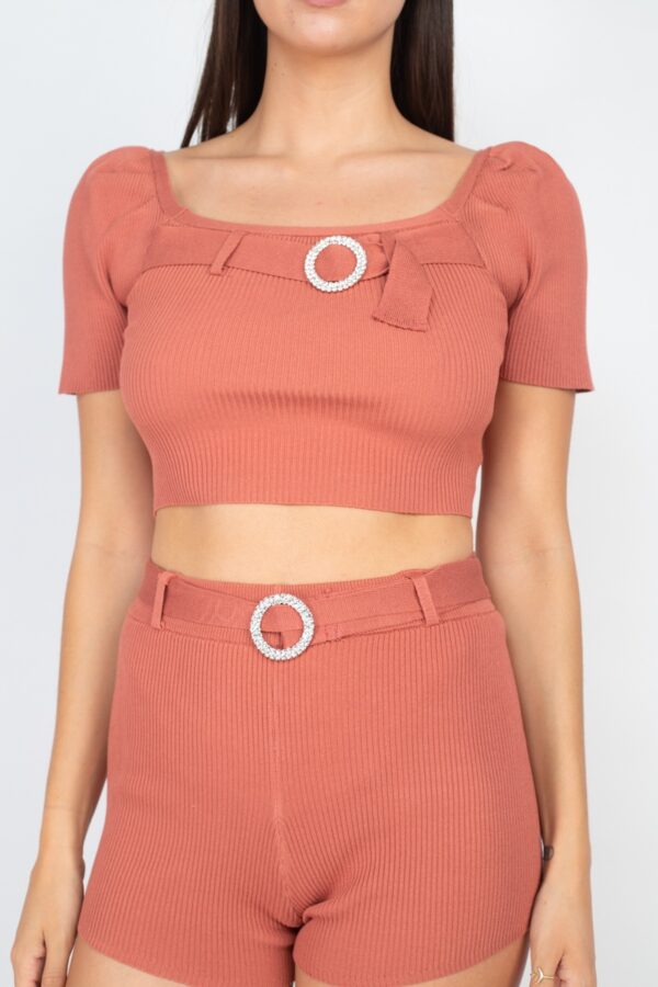 Scoop Neck Crop Top & Ribbed Shorts Set with Sash – Marsala