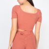 Scoop Neck Crop Top & Ribbed Shorts Set with Sash – Marsala