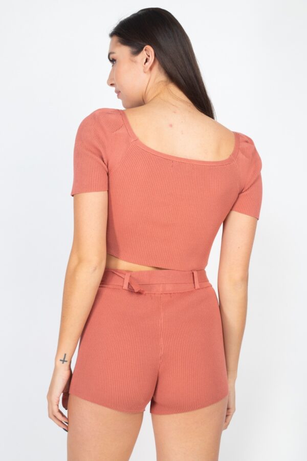 Scoop Neck Crop Top & Ribbed Shorts Set with Sash – Marsala
