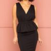 Shimmer Peplum Midi Dress with Ruffle – Black
