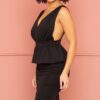 Shimmer Peplum Midi Dress with Ruffle – Black