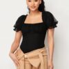 Polkadot Mesh Puff-Sleeve Bodysuit in Black