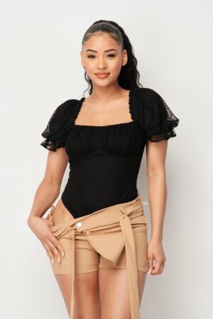Polkadot Mesh Puff-Sleeve Bodysuit in Black