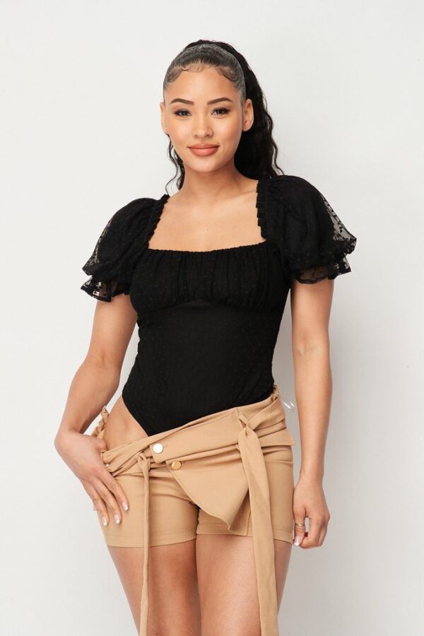 Polkadot Mesh Puff-Sleeve Bodysuit in Black