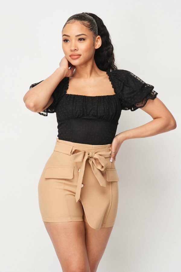 Polkadot Mesh Puff-Sleeve Bodysuit in Black
