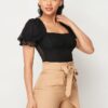 Polkadot Mesh Puff-Sleeve Bodysuit in Black