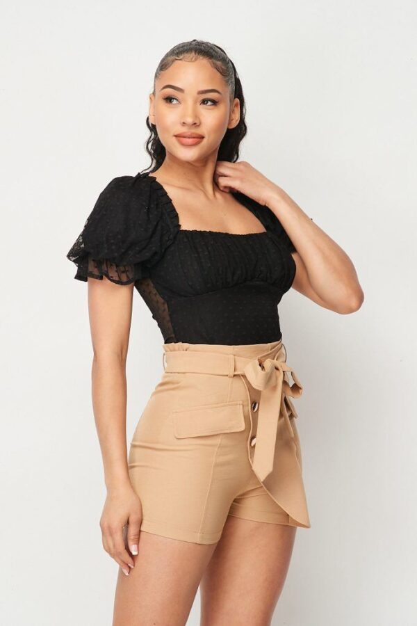 Polkadot Mesh Puff-Sleeve Bodysuit in Black