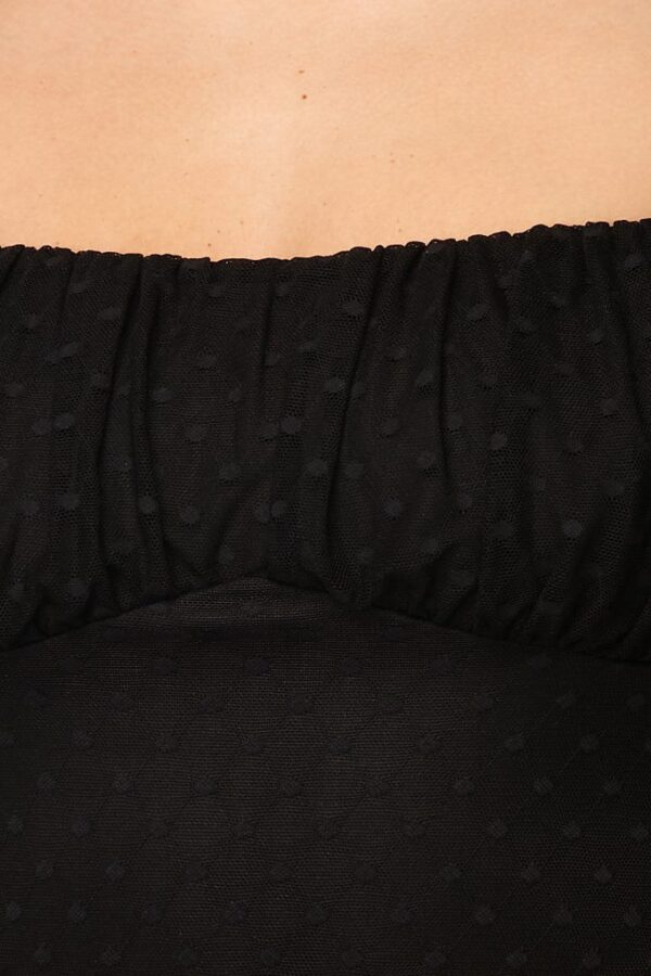 Polkadot Mesh Puff-Sleeve Bodysuit in Black