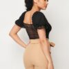 Polkadot Mesh Puff-Sleeve Bodysuit in Black