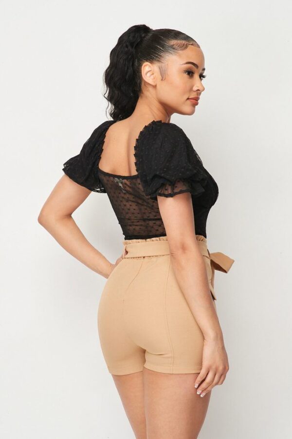 Polkadot Mesh Puff-Sleeve Bodysuit in Black