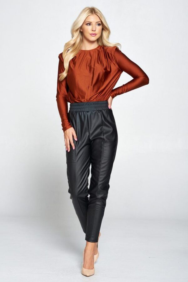 Metallic Padded-Shoulder Bodysuit – Rust