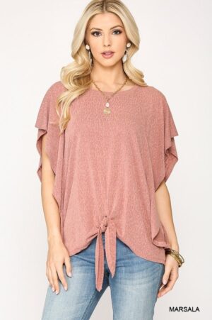 Leopard Jacquard Knit Top with Front Tie – Marsala