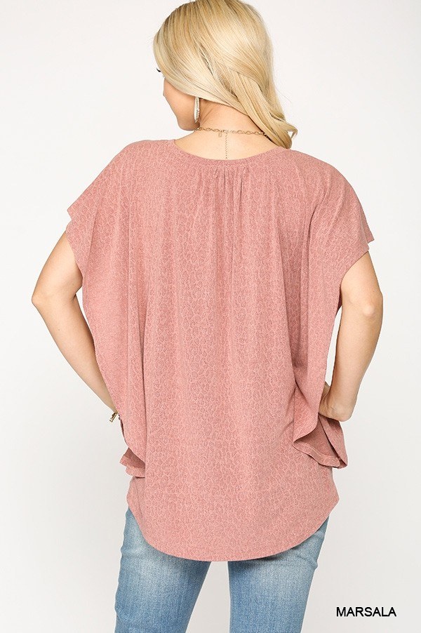Leopard Jacquard Knit Top with Front Tie – Marsala