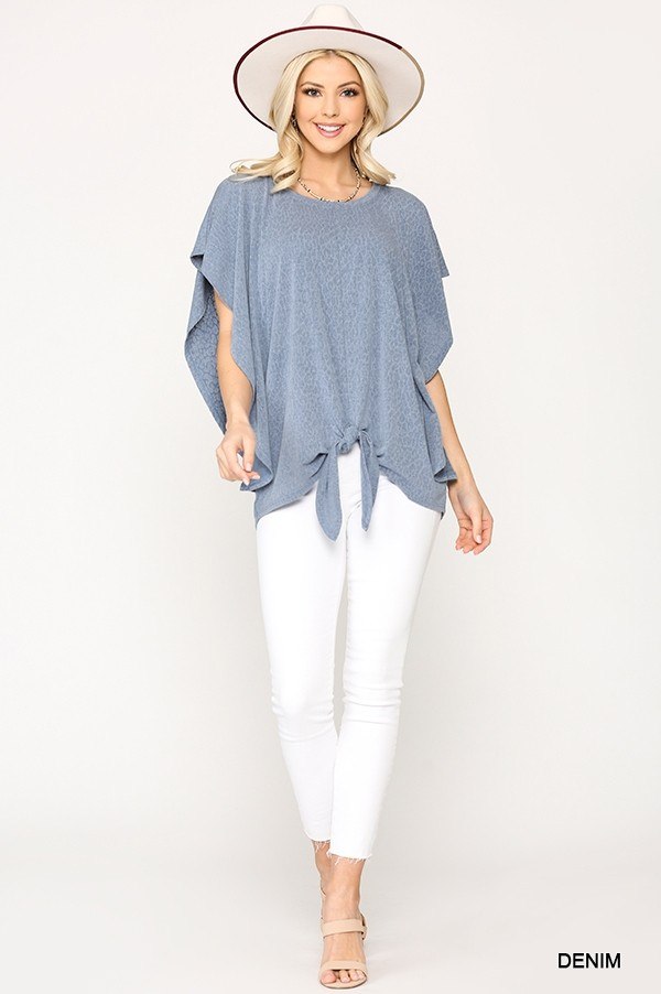 Leopard Jacquard Knit Top with Front Tie – Denim