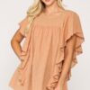 Ruffle-Sleeve Tunic Top with Back Keyhole – Apricot