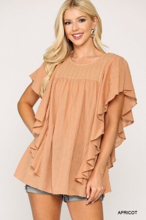 Ruffle-Sleeve Tunic Top with Back Keyhole – Apricot