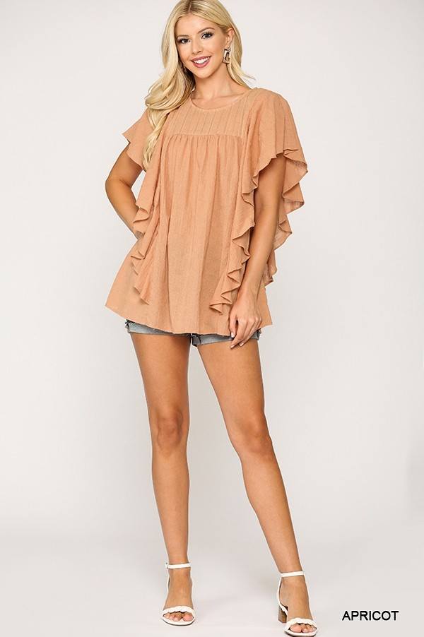 Ruffle-Sleeve Tunic Top with Back Keyhole – Apricot