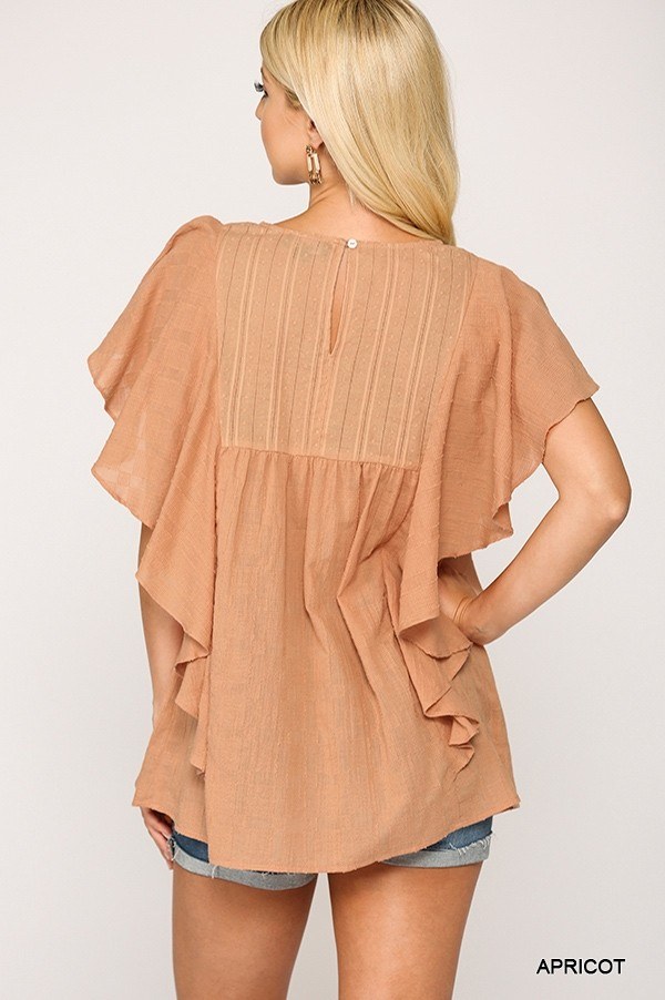 Ruffle-Sleeve Tunic Top with Back Keyhole – Apricot