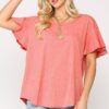 Coral Frill-Sleeve Scoop-Hem Round Neck Top