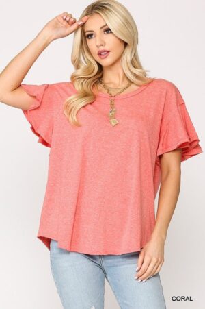 Coral Frill-Sleeve Scoop-Hem Round Neck Top