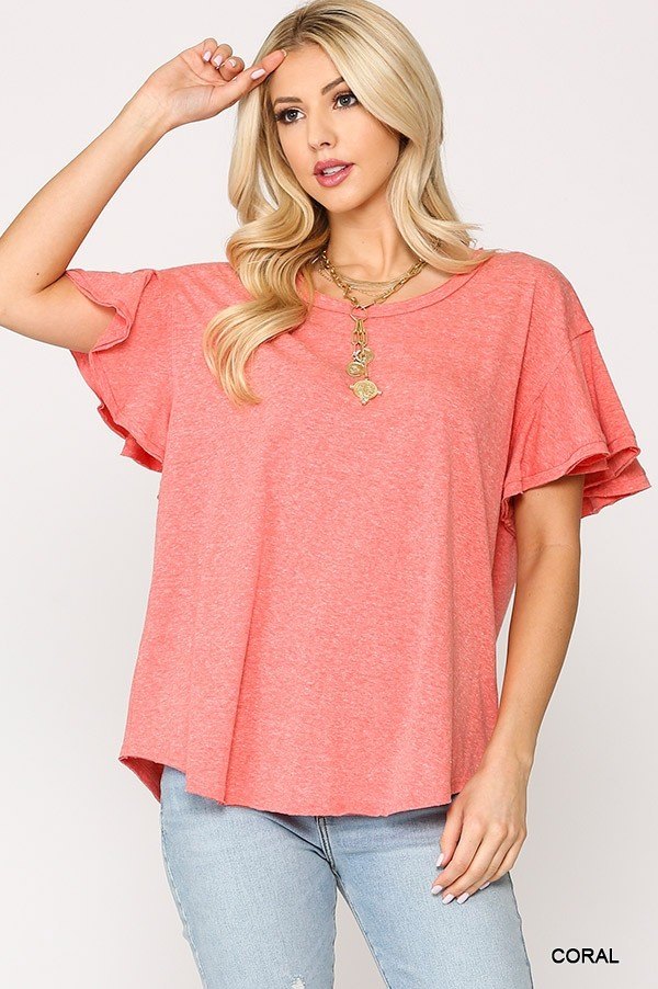 Coral Frill-Sleeve Scoop-Hem Round Neck Top