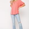 Coral Frill-Sleeve Scoop-Hem Round Neck Top
