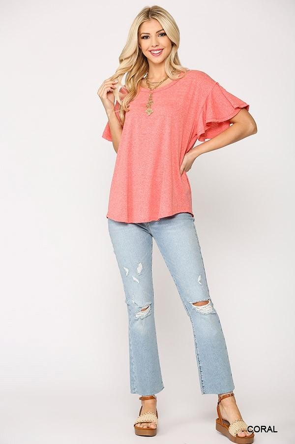 Coral Frill-Sleeve Scoop-Hem Round Neck Top