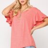 Coral Frill-Sleeve Scoop-Hem Round Neck Top
