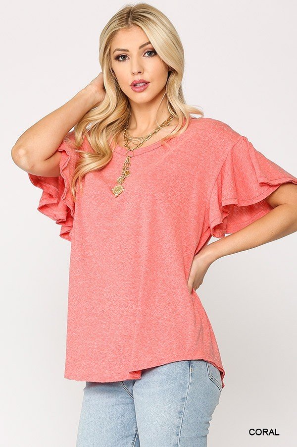 Coral Frill-Sleeve Scoop-Hem Round Neck Top