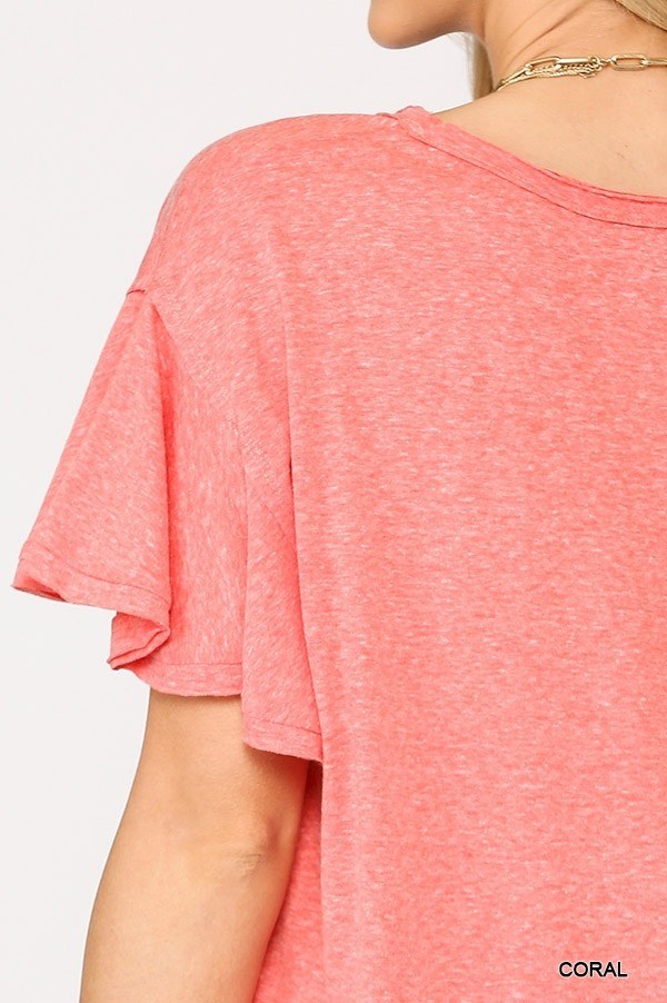 Coral Frill-Sleeve Scoop-Hem Round Neck Top