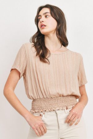 Crinkle Gauze Smocked-Waist Cropped Top – Taupe Ivory