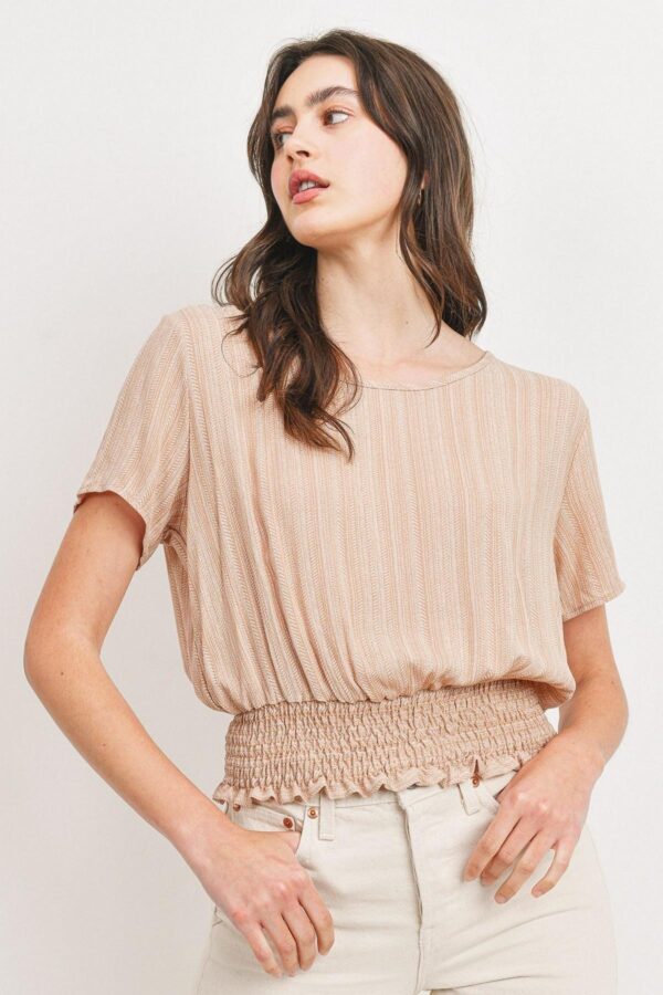 Crinkle Gauze Smocked-Waist Cropped Top – Taupe Ivory