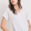 Waffle V-Neck Top with Raw Edge Rolled Sleeves