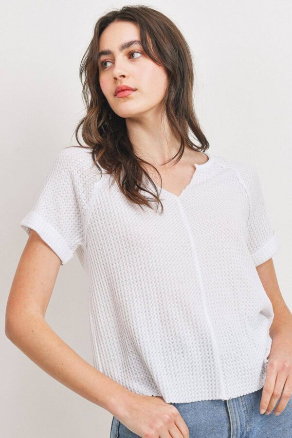 Waffle V-Neck Top with Raw Edge Rolled Sleeves