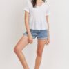 Waffle V-Neck Top with Raw Edge Rolled Sleeves