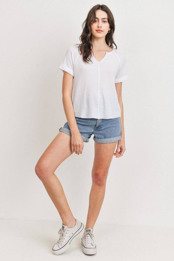Waffle V-Neck Top with Raw Edge Rolled Sleeves
