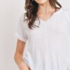 Waffle V-Neck Top with Raw Edge Rolled Sleeves
