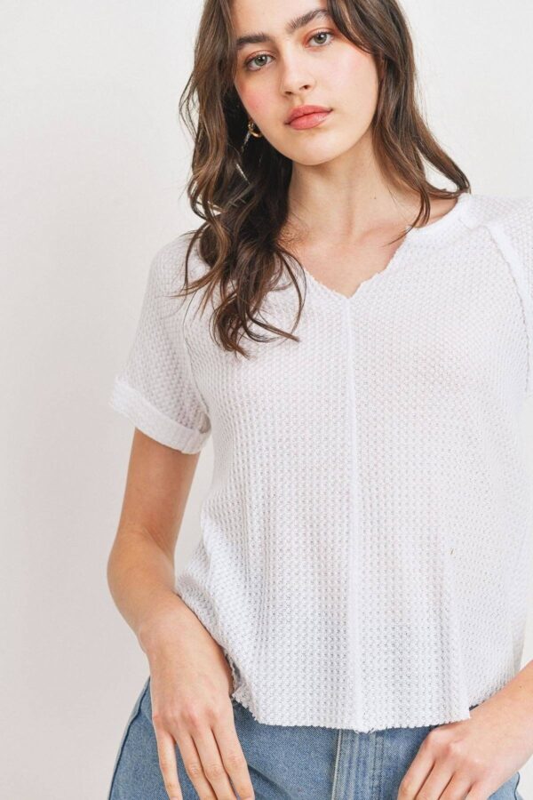 Waffle V-Neck Top with Raw Edge Rolled Sleeves