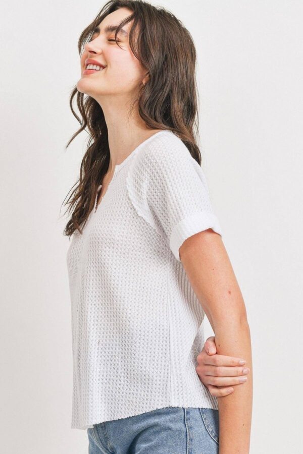 Waffle V-Neck Top with Raw Edge Rolled Sleeves