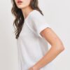 Waffle V-Neck Top with Raw Edge Rolled Sleeves