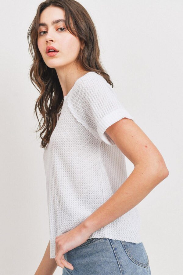 Waffle V-Neck Top with Raw Edge Rolled Sleeves