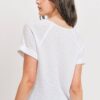 Waffle V-Neck Top with Raw Edge Rolled Sleeves