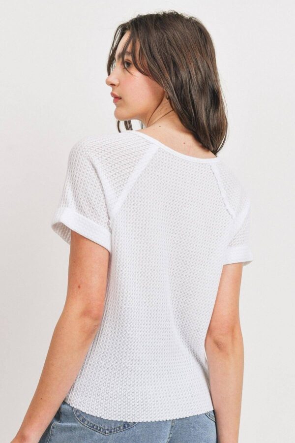 Waffle V-Neck Top with Raw Edge Rolled Sleeves