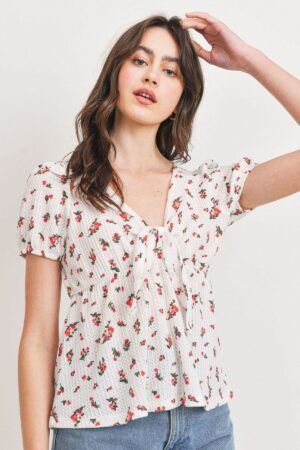 Front-Tie Floral Waffle Peplum Top – Ivory Multi