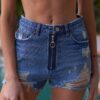 High-Waist Ripped Zip-Up Denim Mini Shorts – Medium Denim