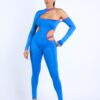 Color-Binding Cutout Jumpsuit – Aqua/Fuchsia